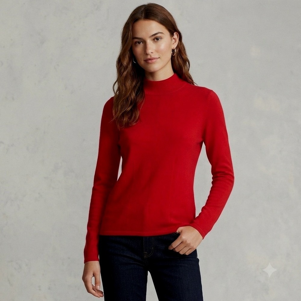 Prive Cashmere Medium Red Woman's Pull Over Mock Turtle Neck Minimalist Sweater